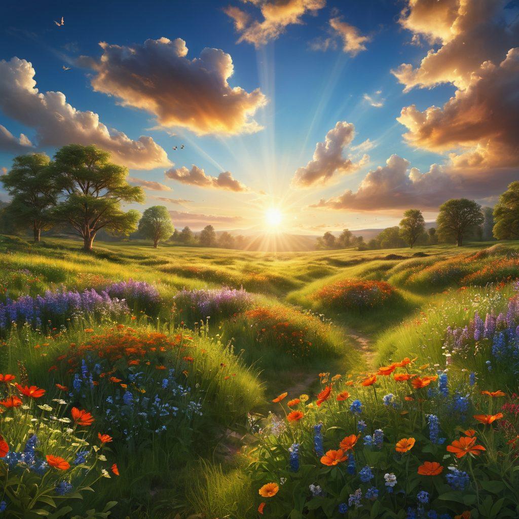 A bright sun radiating warmth over a lush green field filled with vibrant wildflowers, where diverse people engage in joyful activities like dancing, laughter, and meditative practices. Incorporate elements of nature, such as butterflies and birds, enhancing the atmosphere of bliss. The sky should be a brilliant blue with soft, fluffy clouds. super-realistic. vibrant colors.