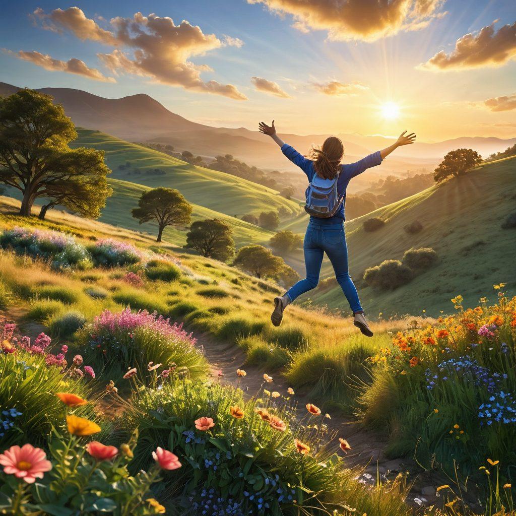 A serene sunrise casting golden rays over a vibrant landscape filled with blossoming flowers and joyful people engaging in playful activities. In the foreground, a person jumping with arms wide open, symbolizing exuberance, while a gentle breeze sways the foliage. In the background, soft rolling hills and a clear blue sky add to the uplifting atmosphere. Inspirational text subtly integrated into the scene. super-realistic. vibrant colors. soft focus.