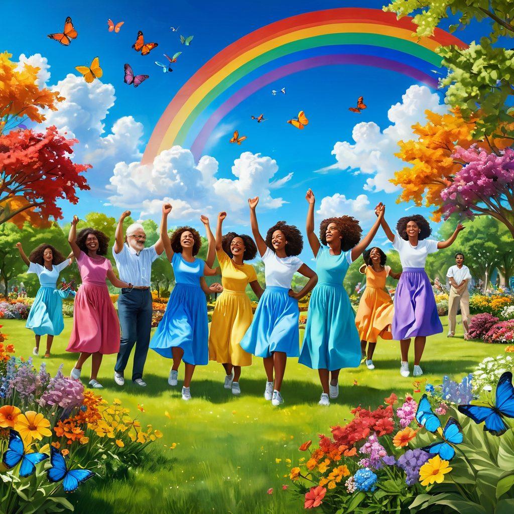 A serene scene featuring a diverse group of people engaging in joyful activities like dancing, gardening, and painting in a vibrant park filled with colorful flowers and sunlight. Include smiles, laughter, and playful elements like butterflies and a rainbow. The background shows a bright blue sky with fluffy clouds, emphasizing a cheerful atmosphere. vibrancy, illustration, bright colors, 3D.